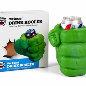 BigMouth green giant fist drink kooler holding a can, next to its box