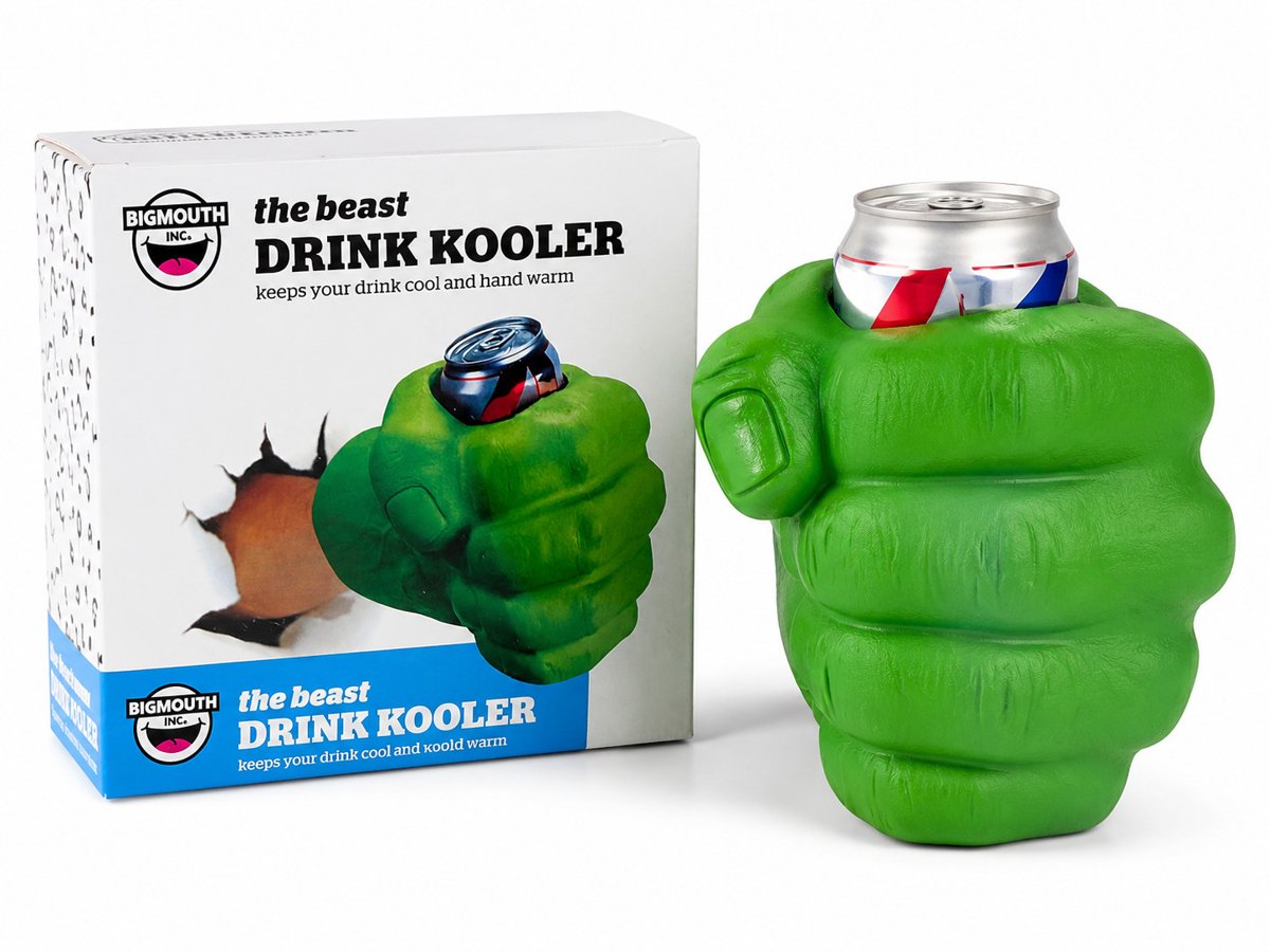 BigMouth green giant fist drink kooler holding a can, next to its box