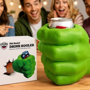 BigMouth green fist drink kooler with a can on a table