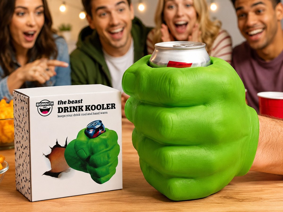 BigMouth green fist drink kooler with a can on a table