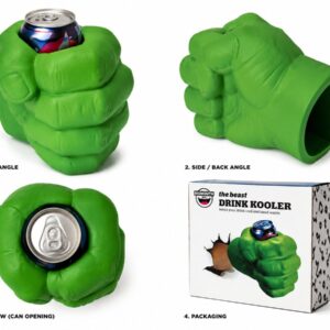 BigMouth green fist drink kooler shown from front, side, top and in packaging