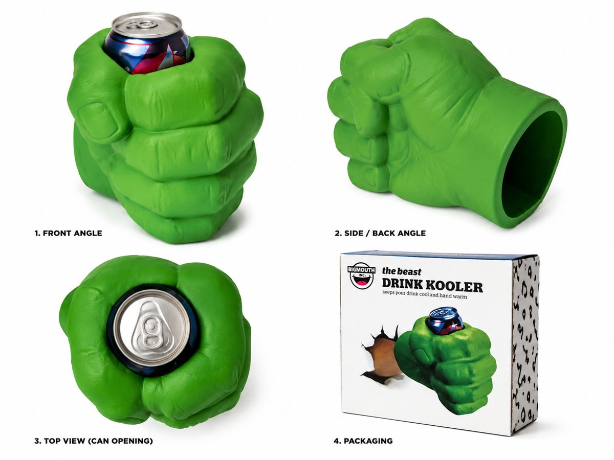 BigMouth green fist drink kooler shown from front, side, top and in packaging