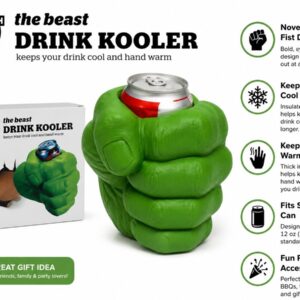 BigMouth green fist drink kooler features: keeps drink cool and fits a standard can