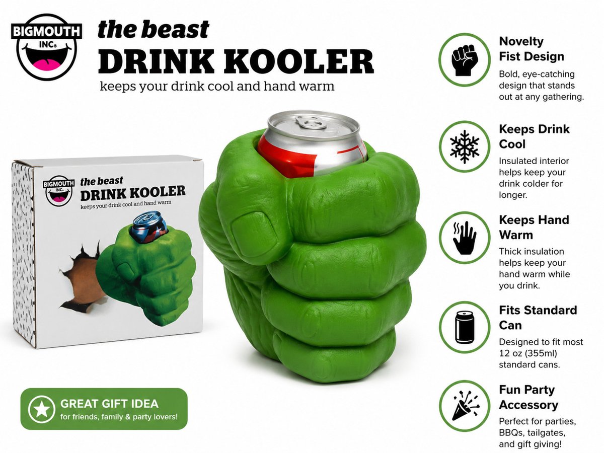 BigMouth green fist drink kooler features: keeps drink cool and fits a standard can