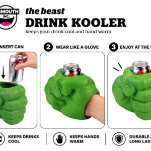 How to use the BigMouth green fist drink kooler: insert can, wear like a glove