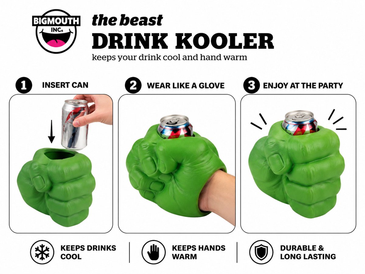How to use the BigMouth green fist drink kooler: insert can, wear like a glove