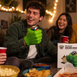 Man wearing the BigMouth green fist drink kooler at a party