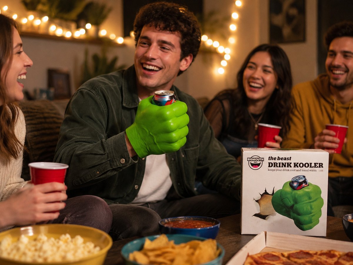 Man wearing the BigMouth green fist drink kooler at a party
