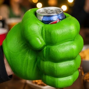 Hand holding the BigMouth green fist drink kooler with a can