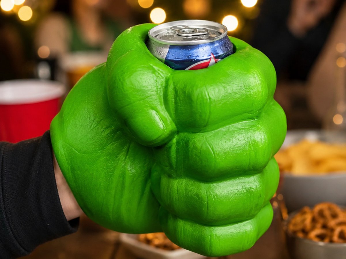Hand holding the BigMouth green fist drink kooler with a can