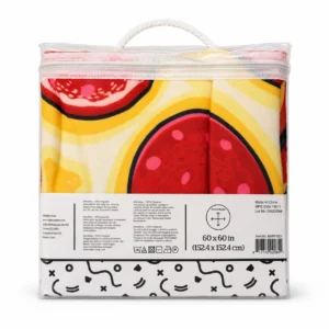 Back of BigMouth pizza beach blanket packaging showing size and care details