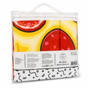 Back of BigMouth pizza beach blanket retail package
