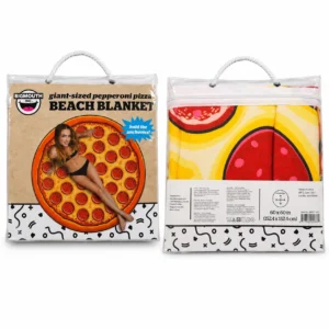 Front and back views of BigMouth pizza beach blanket packaging