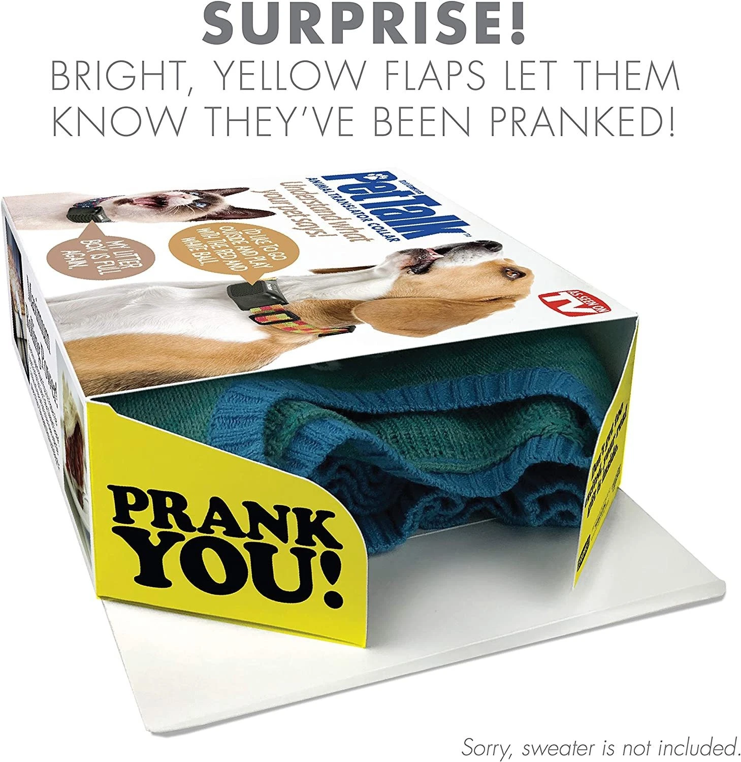 Prank-O Pet Talk empty prank gift box packaging only — sweater and electronic pet product not included