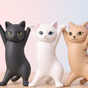 Close-up of black, white and tan cat figurine desk holders