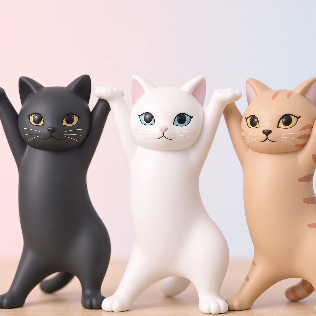 Close-up of black, white and tan cat figurine desk holders