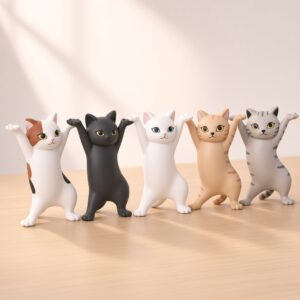 Five dancing cat figurines on a wooden desk, angled view