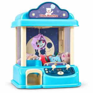 Blue kids mini claw machine toy with purple claw and plush toys inside