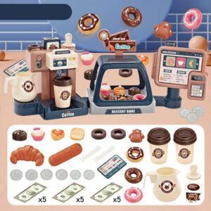 Pretend play coffee machine toy set contents: cups, jug, donuts, croissant, play money and card