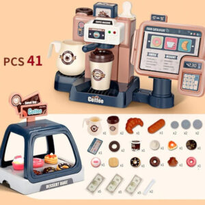 41 piece pretend play coffee shop set with dark grey dessert display case